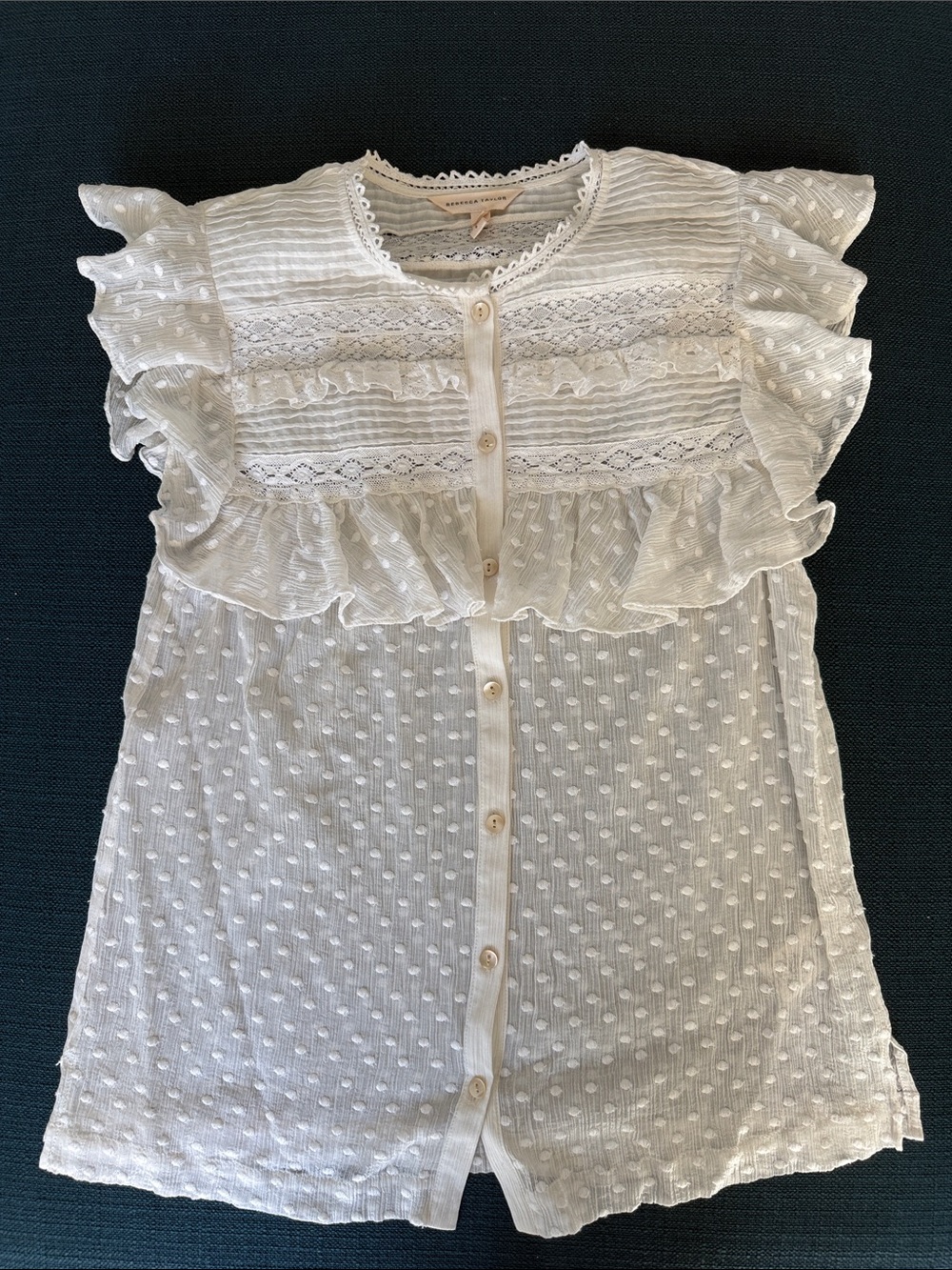 White Babydoll Swiss Dot Ruffle Button-Front Top